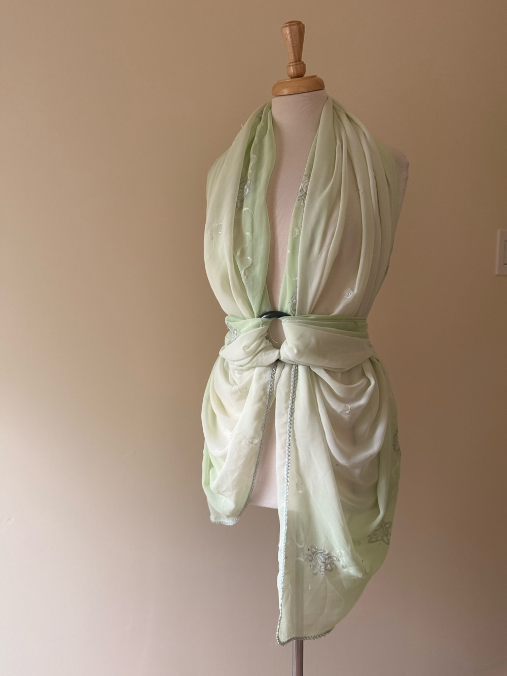 Vintage Pistachio Green Embroidered Rhinestone Multiway Wrap, Cover-Up, Top